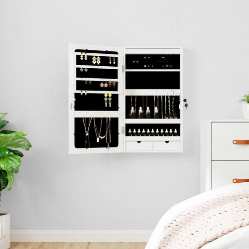 Compact LED Jewelry Cabinet Mirror Wall or Door Mount Lockable Storage White