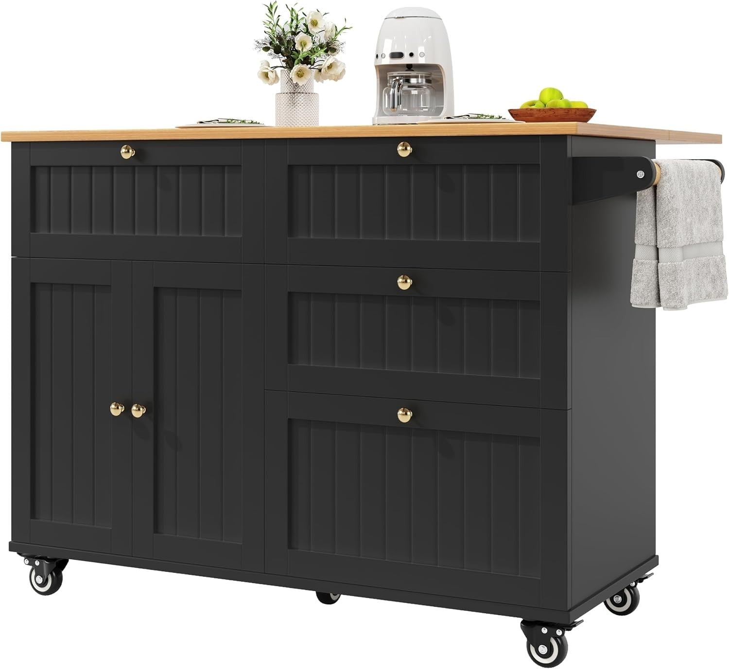 Kitchen Island Trolley with Drop Leaf, Storage & Drawers | Mobile 133cm