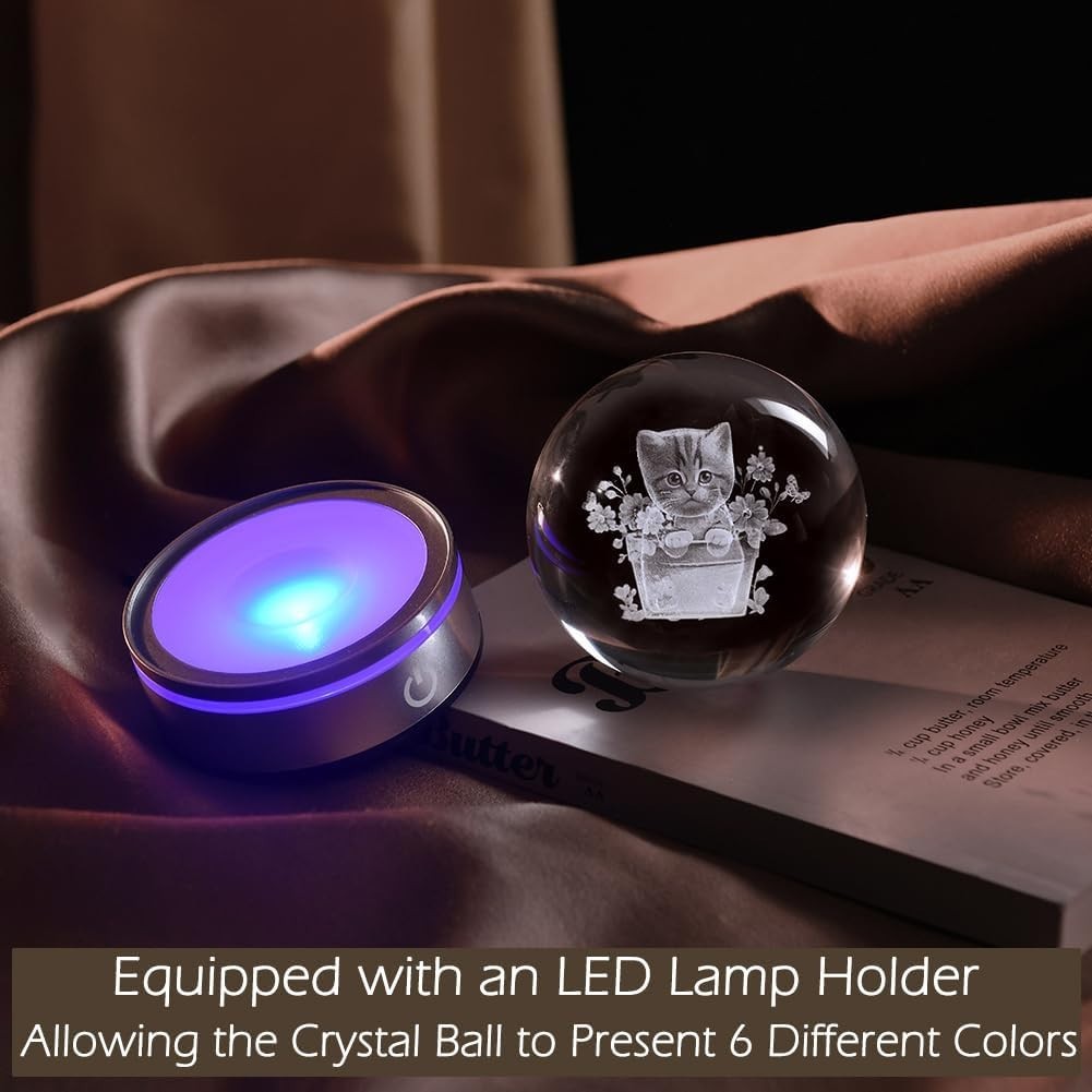 3D Cat with Flower Crystal Ball LED Light • Engraved Kitten Ornament