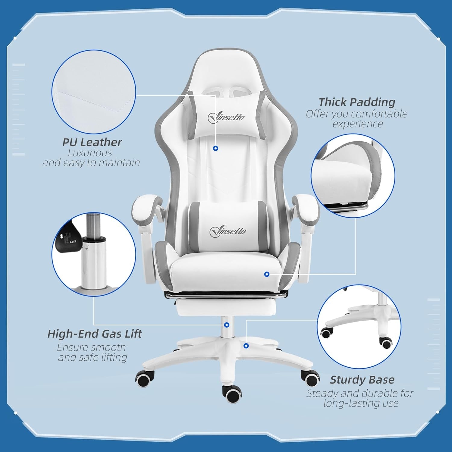 Gaming Chair PU Leather Recliner w/ Footrest 135° Swivel White