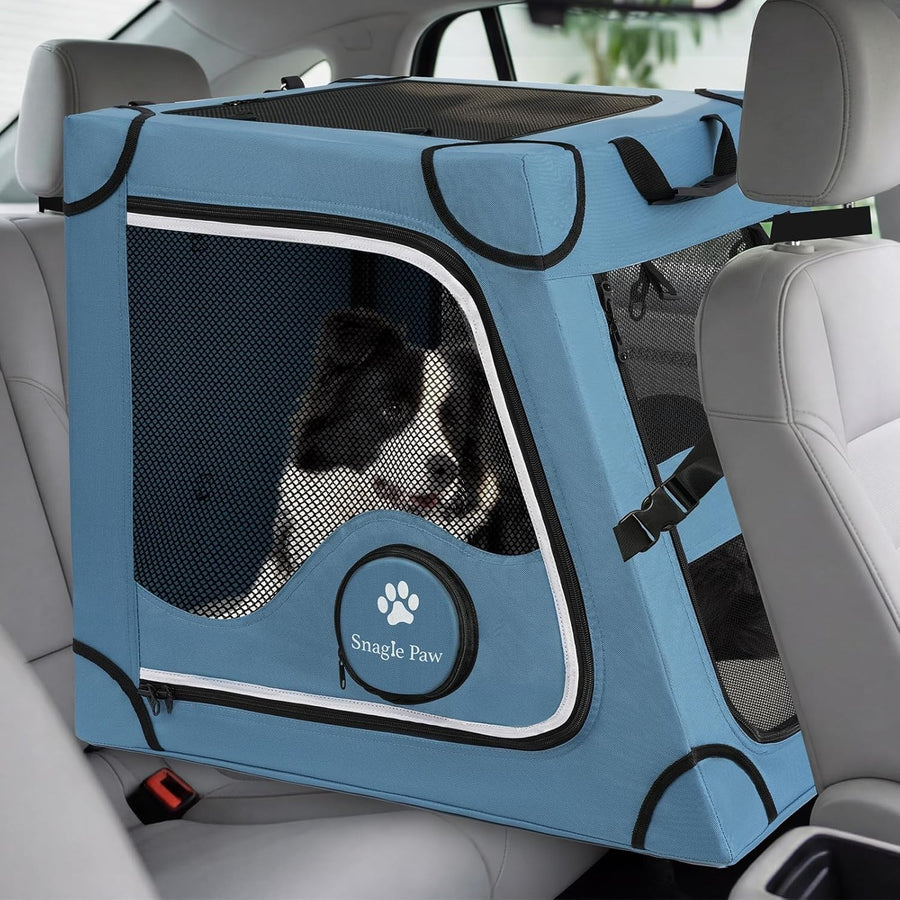 Portable Dog Crate for Car Travel Metal Frame Pet Carrier Foldable Blue