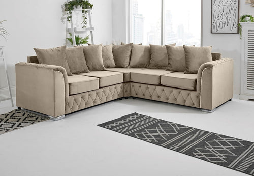 Cream Plush Velvet 5-Seater Corner Sofa – Scatterback & Button Detail