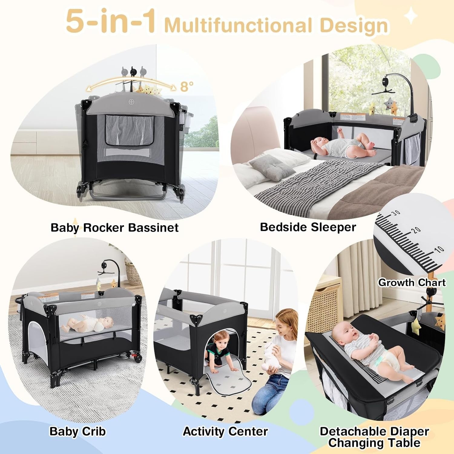 5in1 Travel Cot Baby Bedside Foldable Crib Bassinet Portable Playard Black Grey