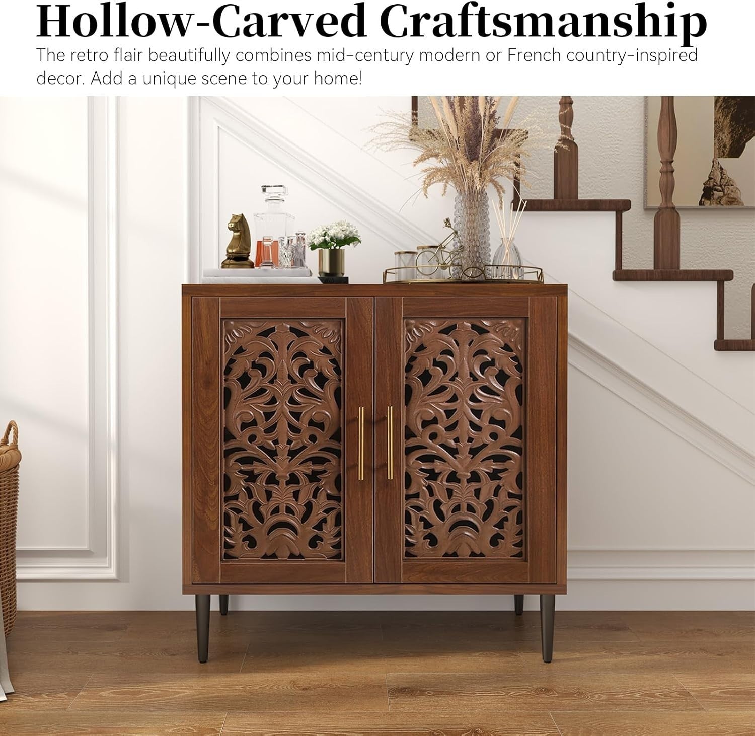 Brown Vintage Sideboard Cabinet 2 Door Carved Storage Unit Hallway Accent