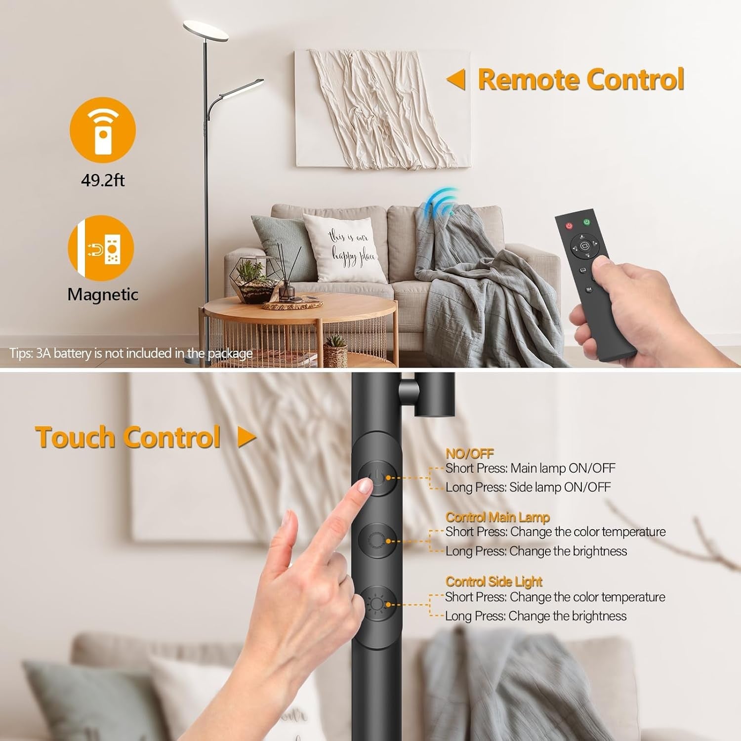 Dimmable LED Floor Lamp with Reading Light Remote Touch Modern Standing