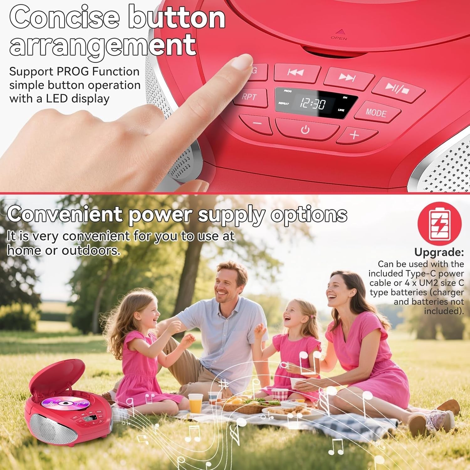 Portable CD Player Boombox Speakers FM Radio AUX Headphone Jack Red