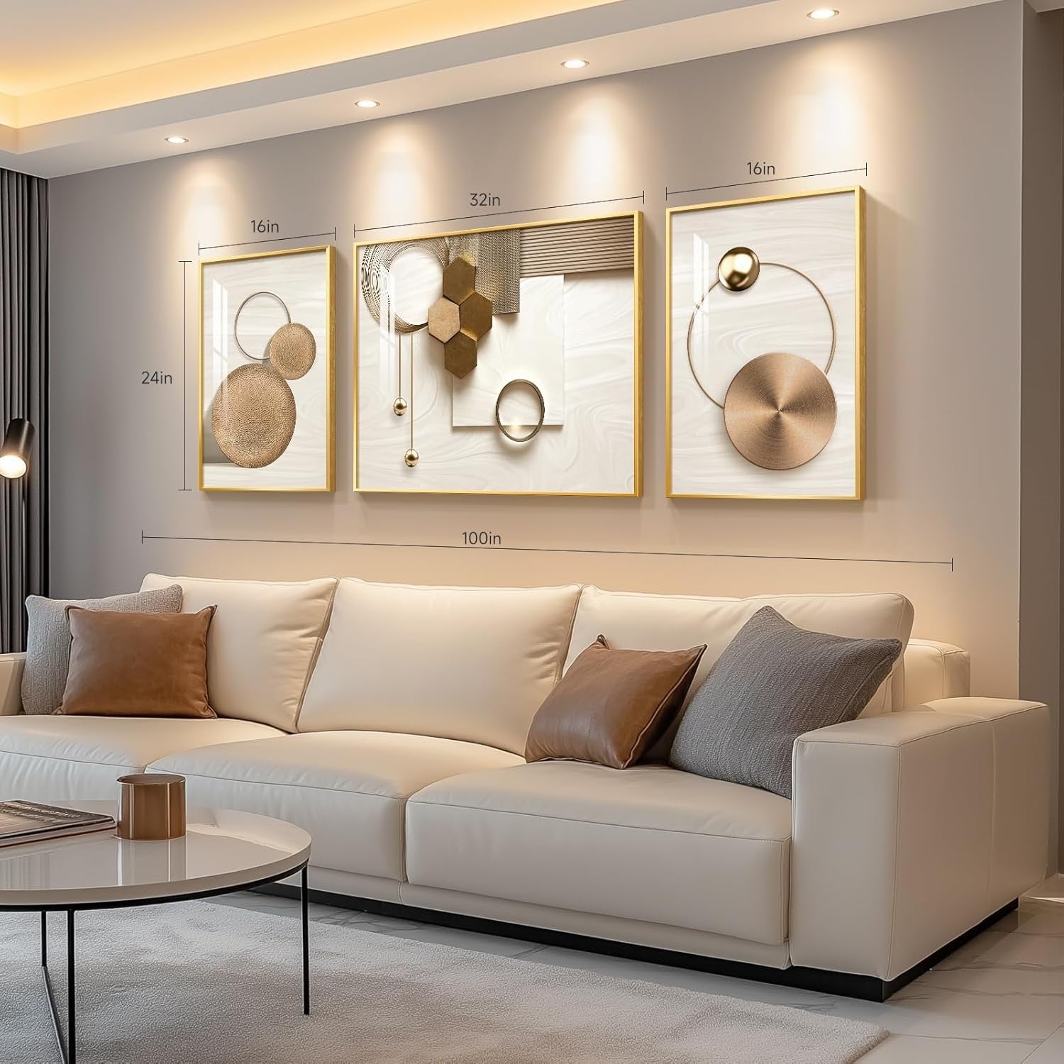 Large Framed Gold Geometric Wall Art 3 Panel 24x36in Luxury