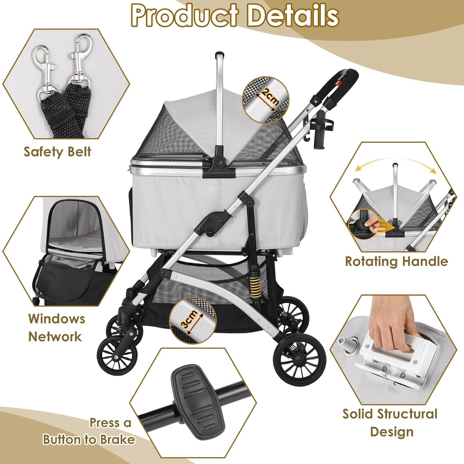 3 in 1 Dog Stroller Folding Pet Pram 360 Wheels Travel Carrier Storage Grey