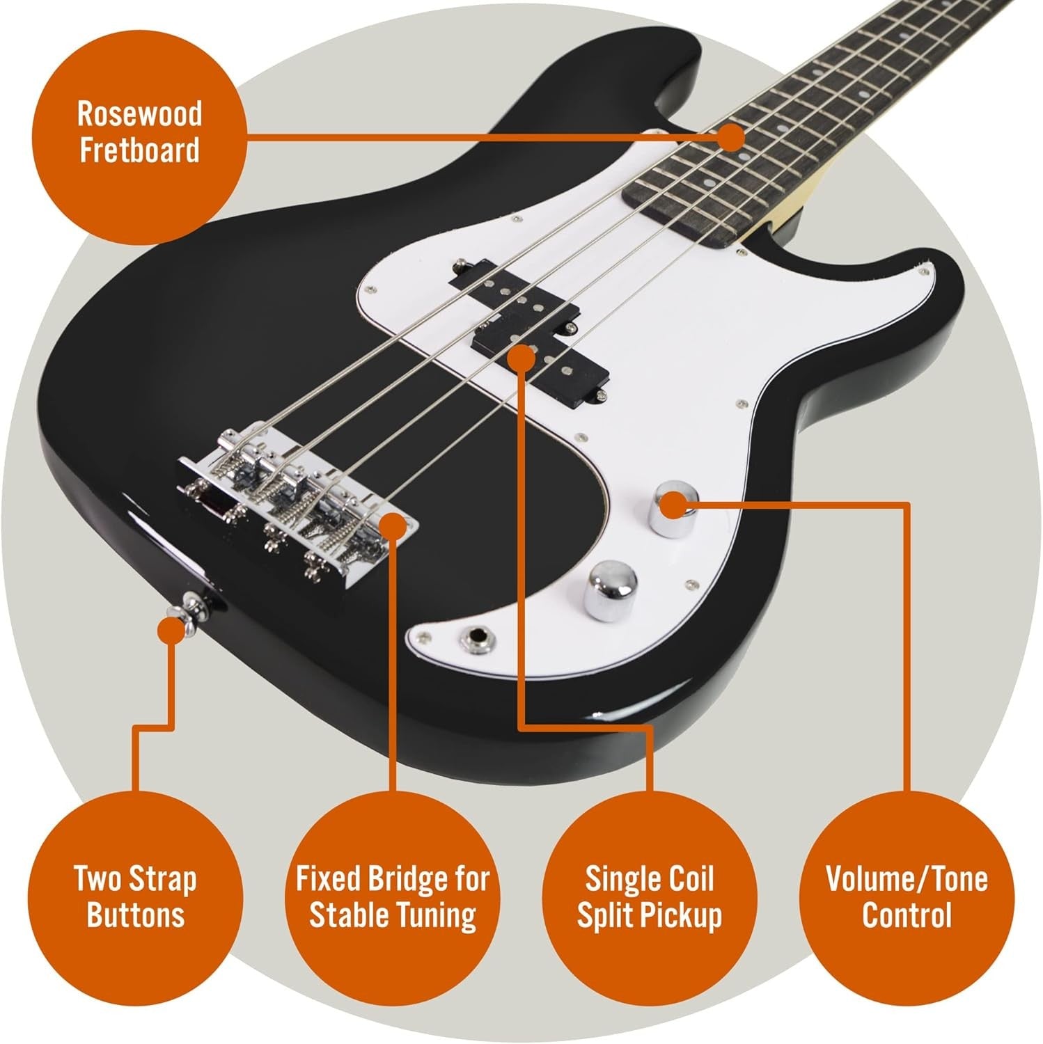 Full Size 4/4 Electric Bass Guitar Kit 15W Amp Bag Stand Black