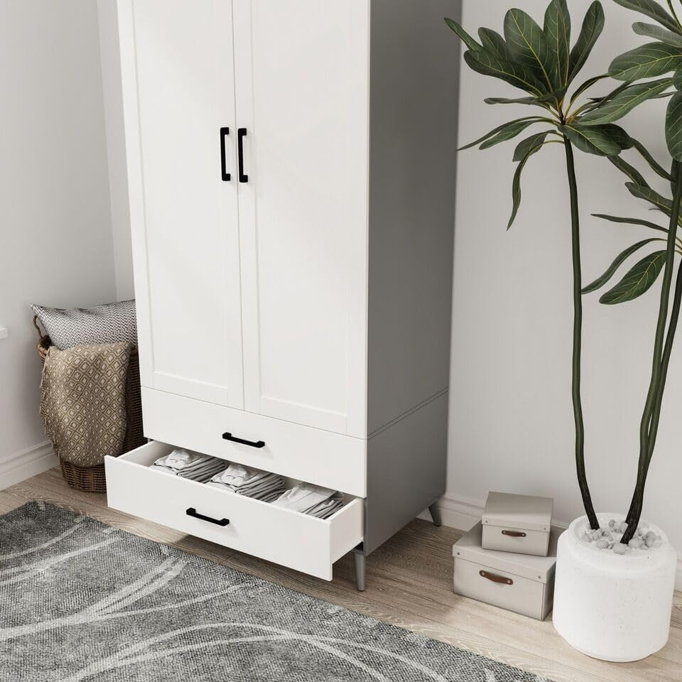 Modern Grey White Wardrobe 2 Doors 2 Drawers – Bedroom Clothes Storage