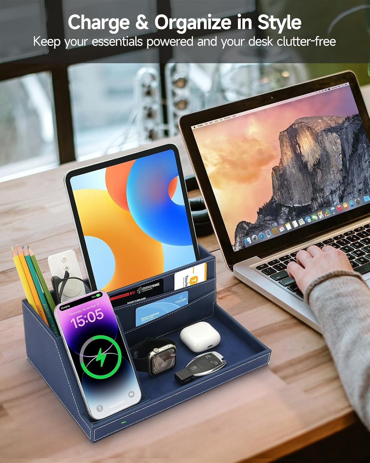 Desk Organizer with Wireless Charger, Bedside Tray, 5 Compartments