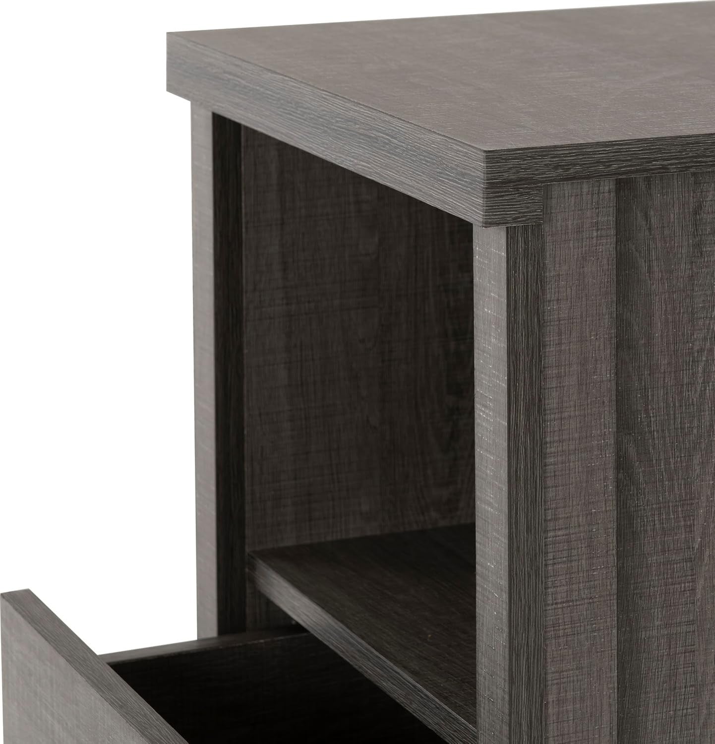 2 Drawer Bedside Table with Open Shelf Black Wood Grain Modern Nightstand