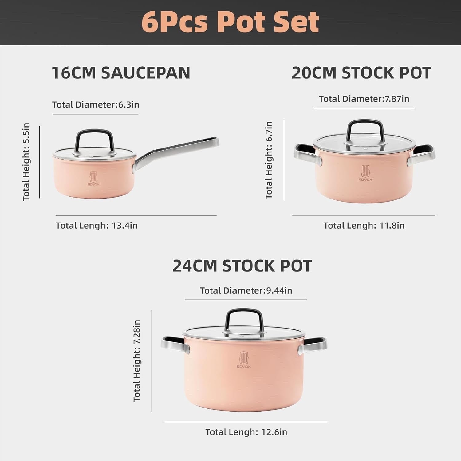 6Pcs Dusky Pink Stainless Steel Cookware Pot Set with Glass Lids Induction Safe