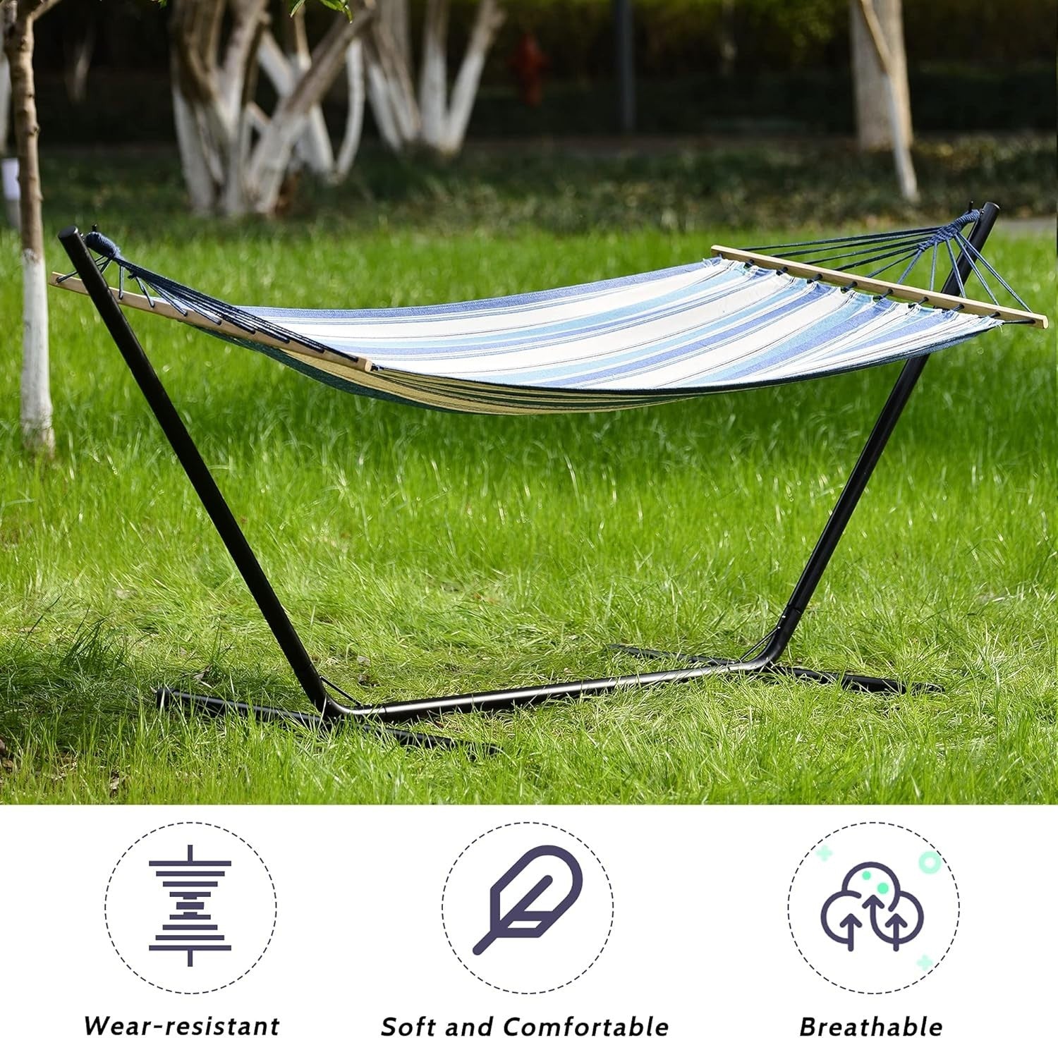 Blue & White Hammock with Stand | Portable Cotton Swing Bed | 150KG Capacity