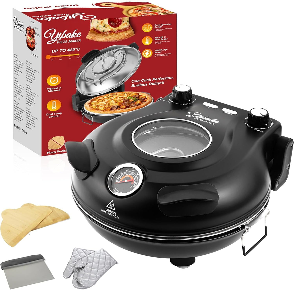 31cm Electric Pizza Oven Dual Temp Control 1200W Stone Base Black