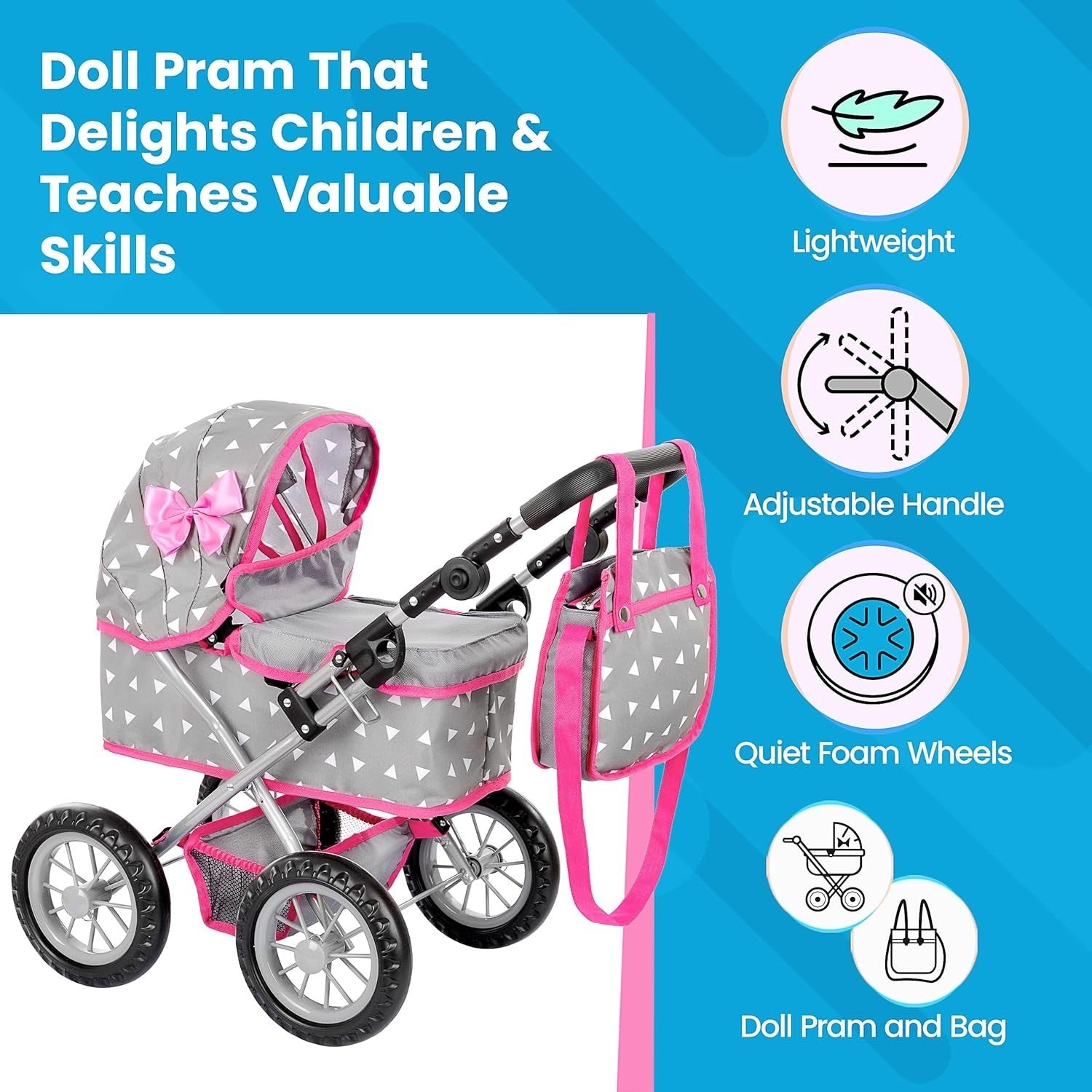 Dolls Pram Toy Pushchair Buggy Adjustable Handle 33-63cm Kids