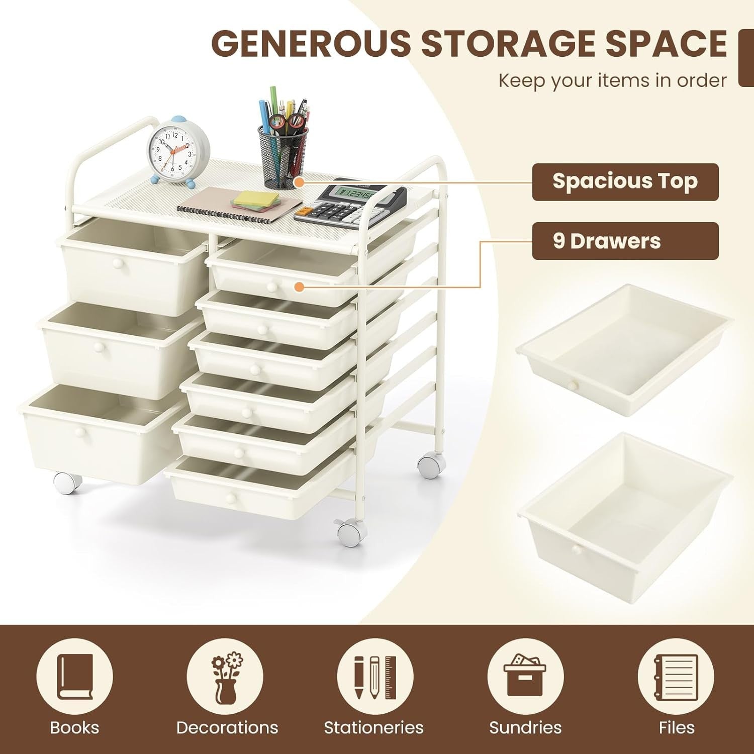 9 Drawer Rolling Storage Trolley Utility Cart Organizer Wheels White
