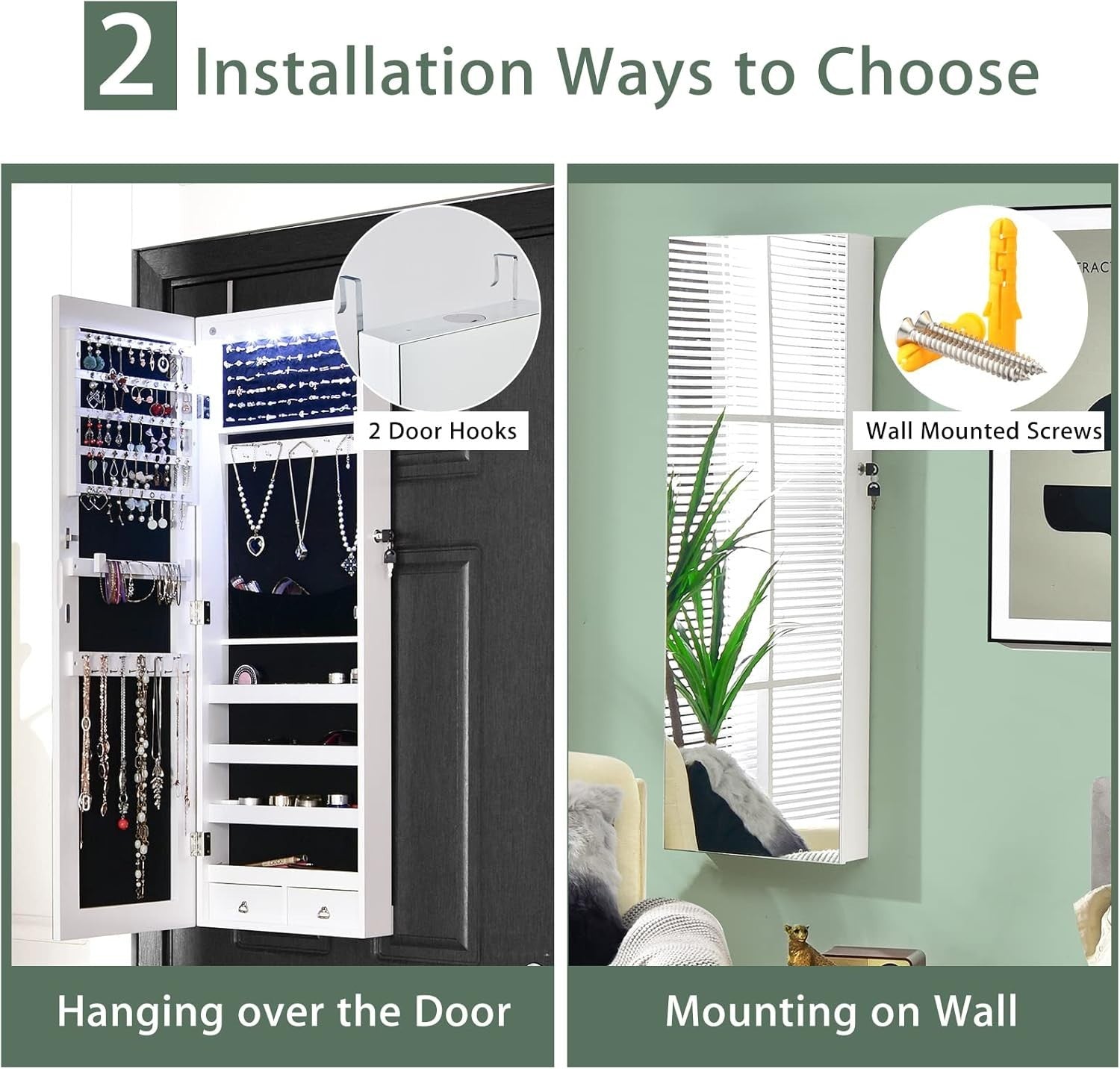 LED Jewelry Armoire Wall Door Mounted Lockable Full Length Mirror White