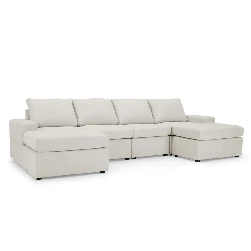4 Seater Modular Sofa Light Grey Linen with Footstools – Family Couch Set