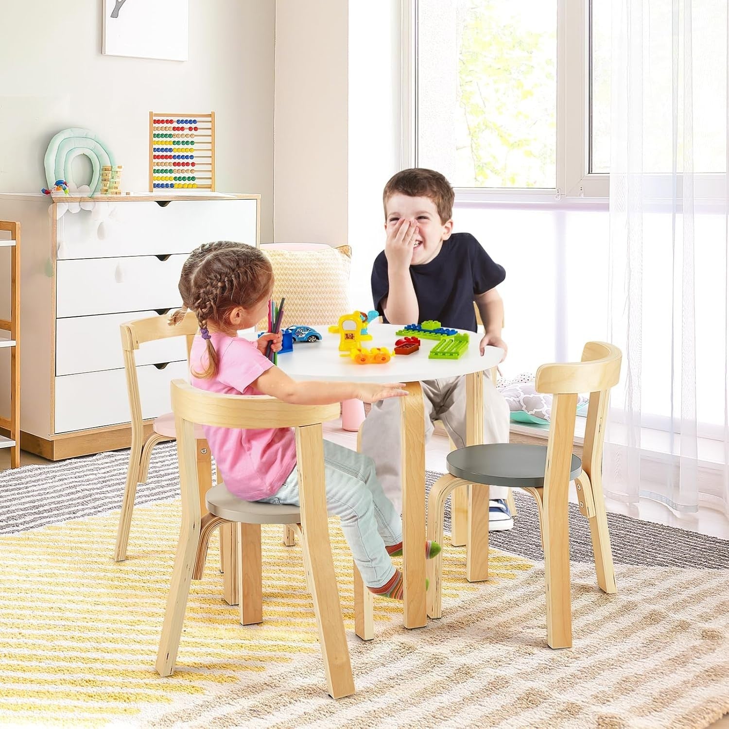 Kids Wooden Round Table & 4 Chairs Set Multicolor Ergonomic Playroom Desk