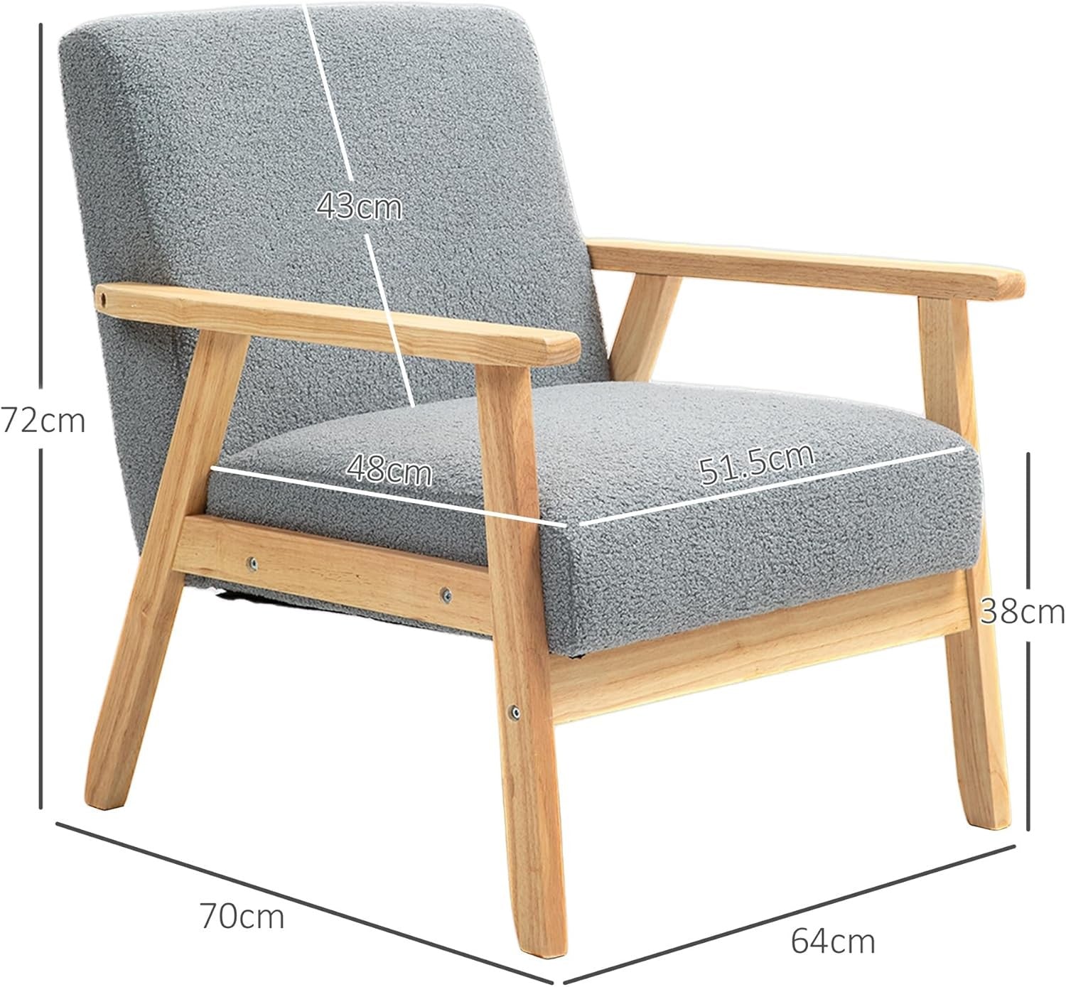 Grey Accent Armchair Wide Seat Cashmere Fabric Wood Legs