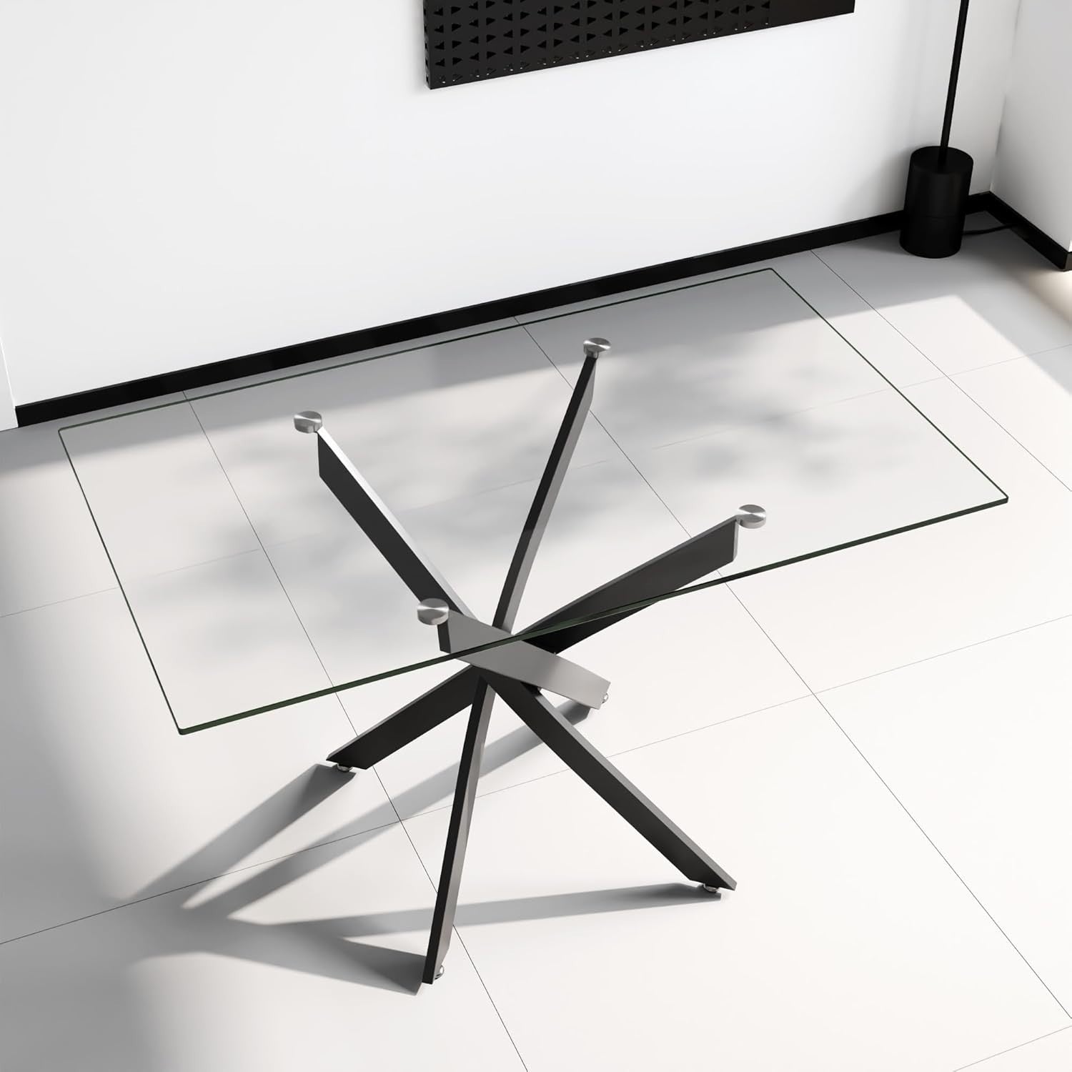 Rectangular Glass Dining Table 120x70cm 76cm Height Black Metal Legs