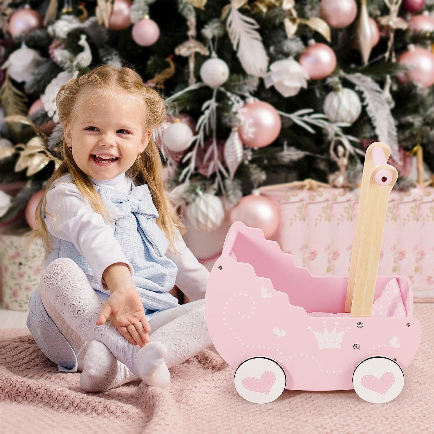 Wooden Doll Pram Push Along Pink Princess Toy with Bedding 3+