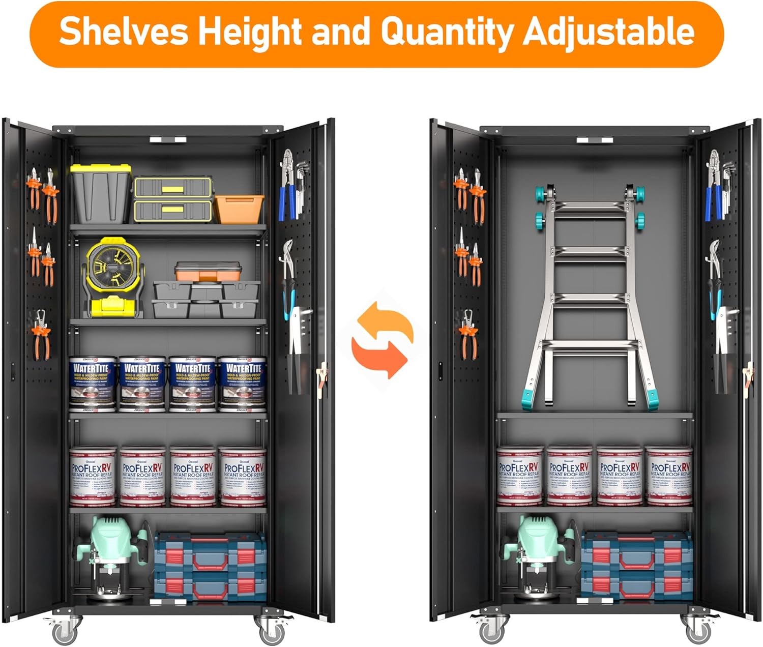 Tall Metal Storage Cabinet 183cm Lockable Doors Shelves Wheels Garage Home