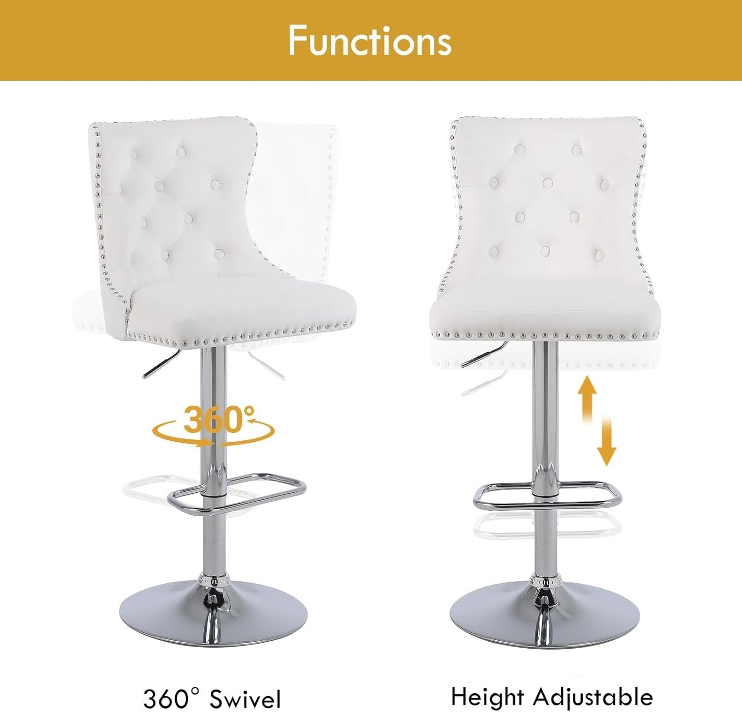 Velvet Bar Stools Set of 2 White Cream Chrome Legs Adjustable Swivel Chairs