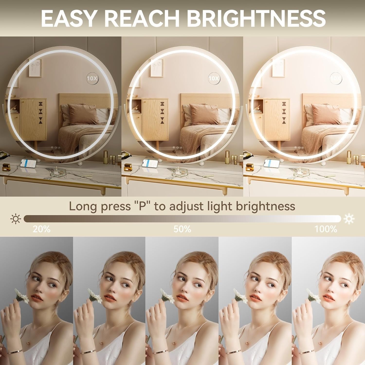 LED Vanity Mirror 70x70cm with Dimmable Lights & Smart Touch Control