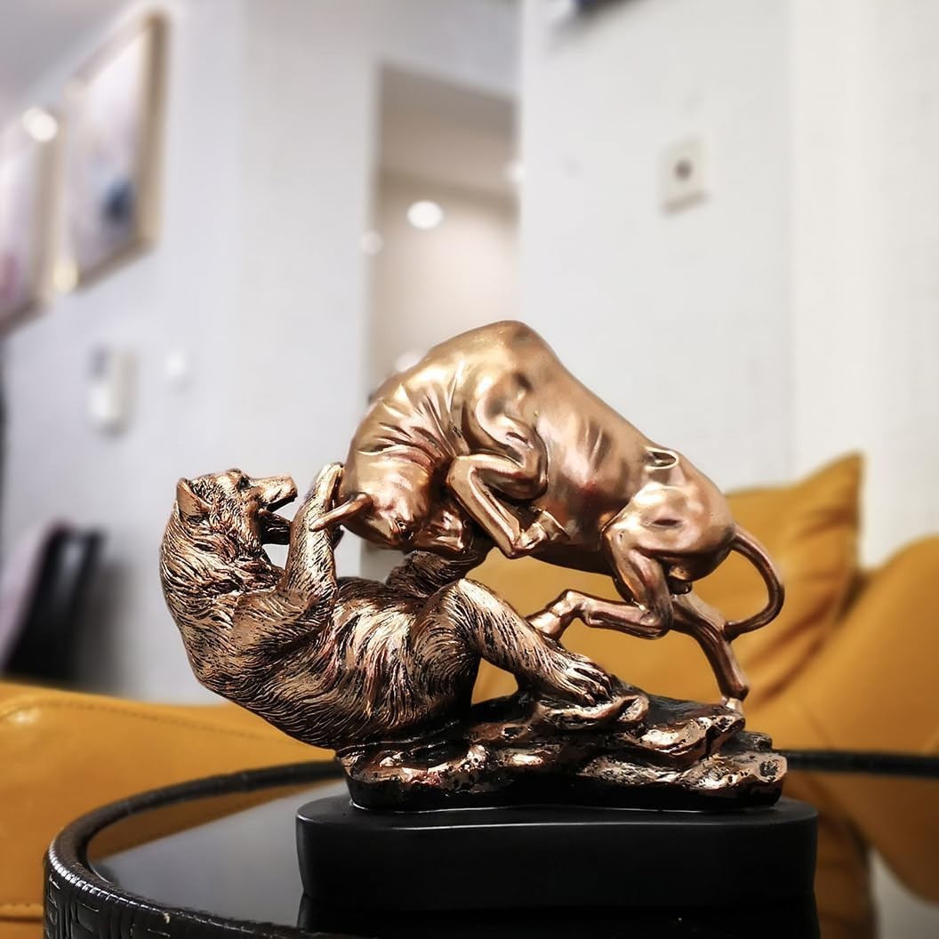 Bull and Bear Statue Bronze Resin Stock Market Office Desk Decor