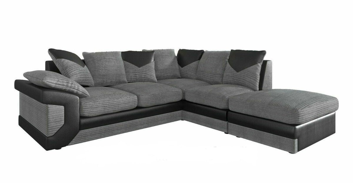 Right L Shaped Corner Sofa Grey Black – 5 Seater Jumbo Cord Scatter Back Couch