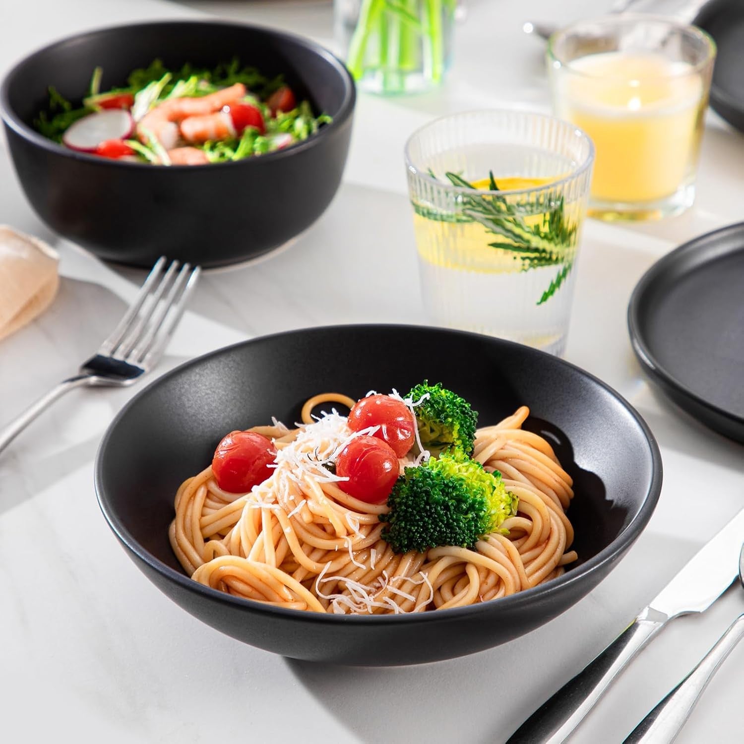24pc Black Stoneware Dinner Set Matte Glaze Plates Bowls Microwave Safe