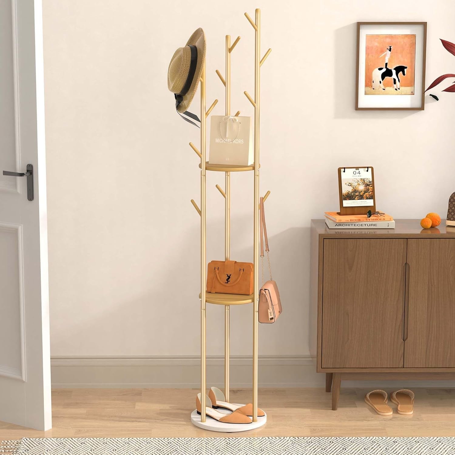Modern Gold Metal Coat Rack with Shelves | Freestanding Hall Tree Organizer Stan