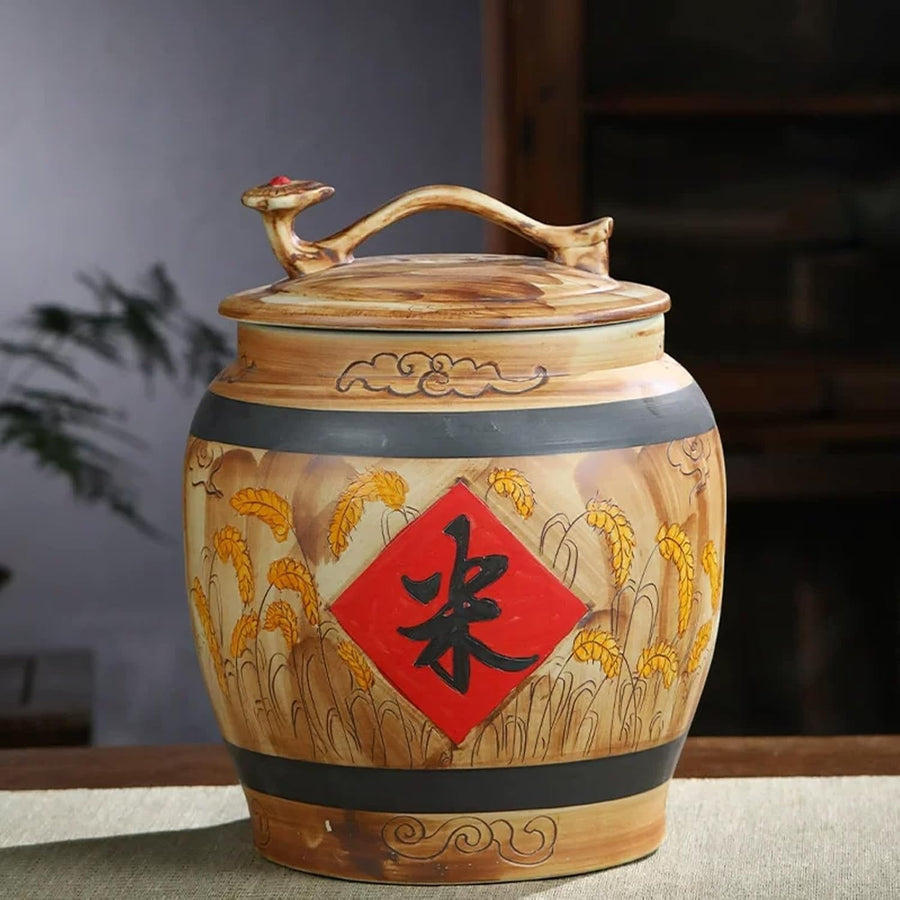15KG Ceramic Rice Storage Jar Airtight Grain Container with Lid