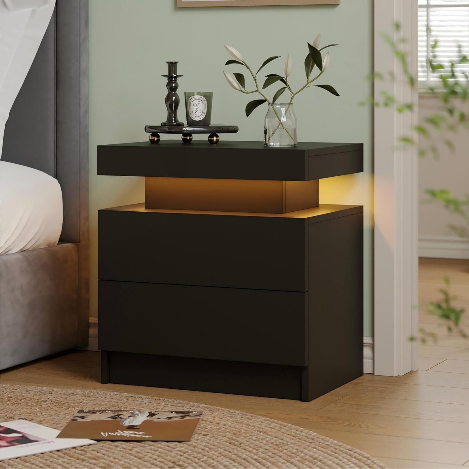 Modern Black LED Bedside Table with Drawers – RGB Light Nightstand
