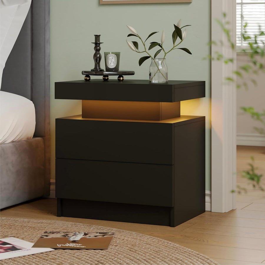 Modern Black LED Bedside Table with Drawers – RGB Light Nightstand