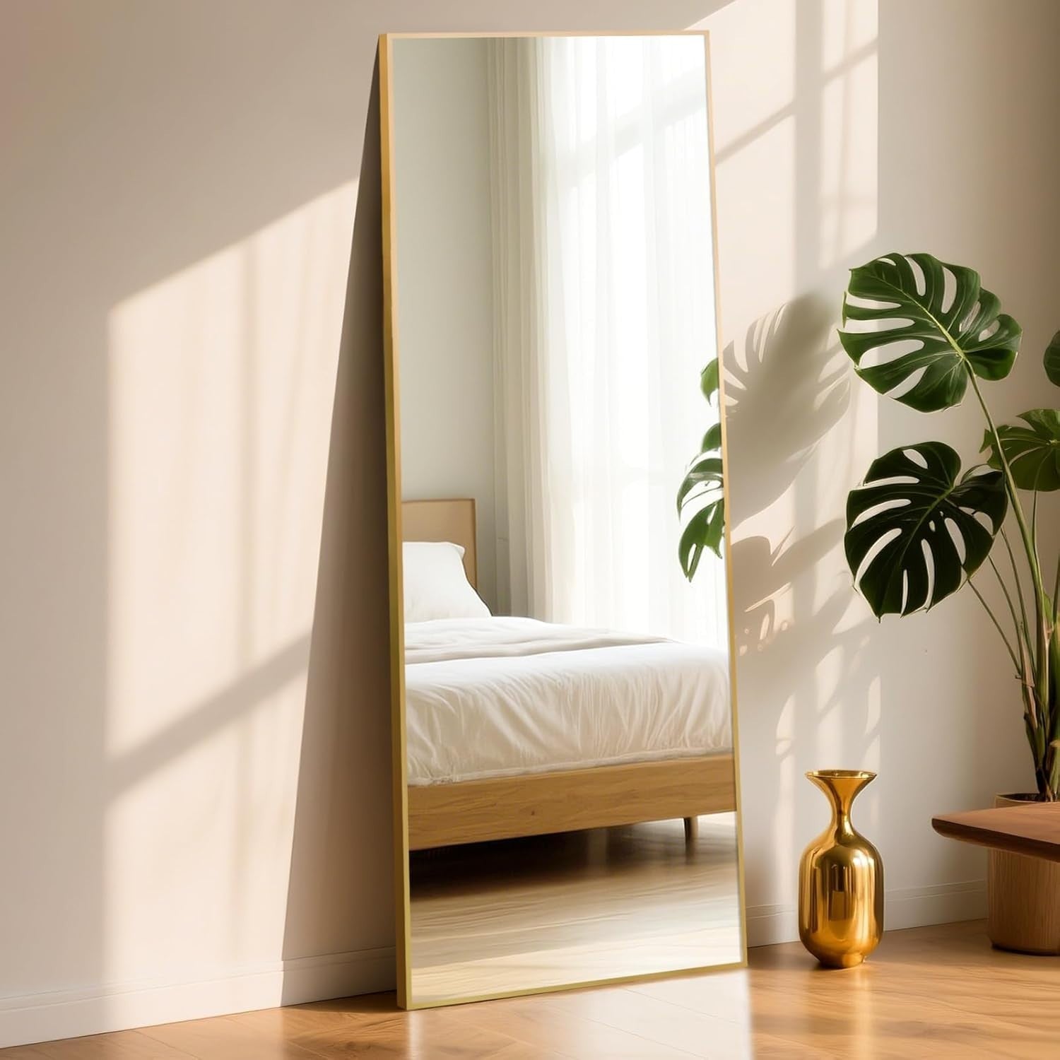 Large Full Length Mirror 165x60cm Gold Frame, Shatterproof Glass Wall Leaning