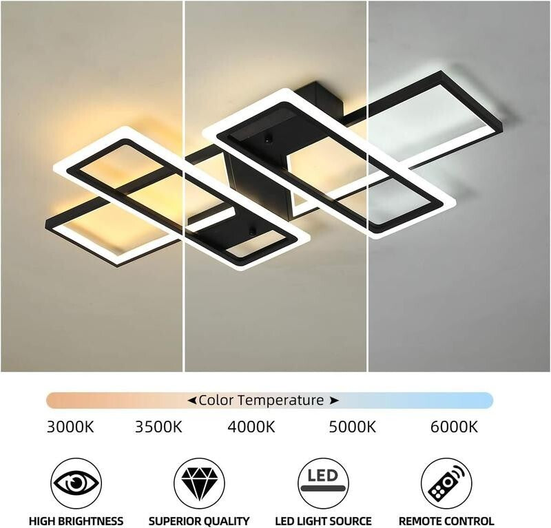 Modern LED Ceiling Light 80W Remote Black 4-Square Dimmable Flush Mount