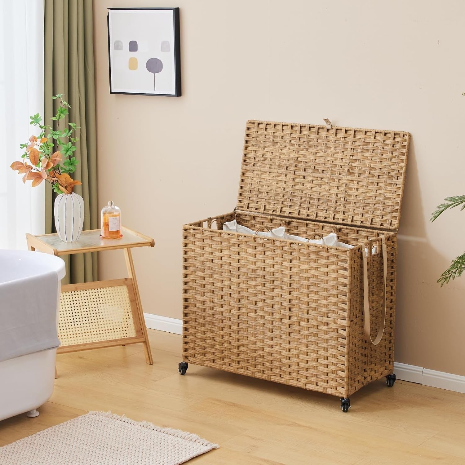 Large 200L Rattan Laundry Hamper on Wheels 3-Section Sorter with Lid & Bags