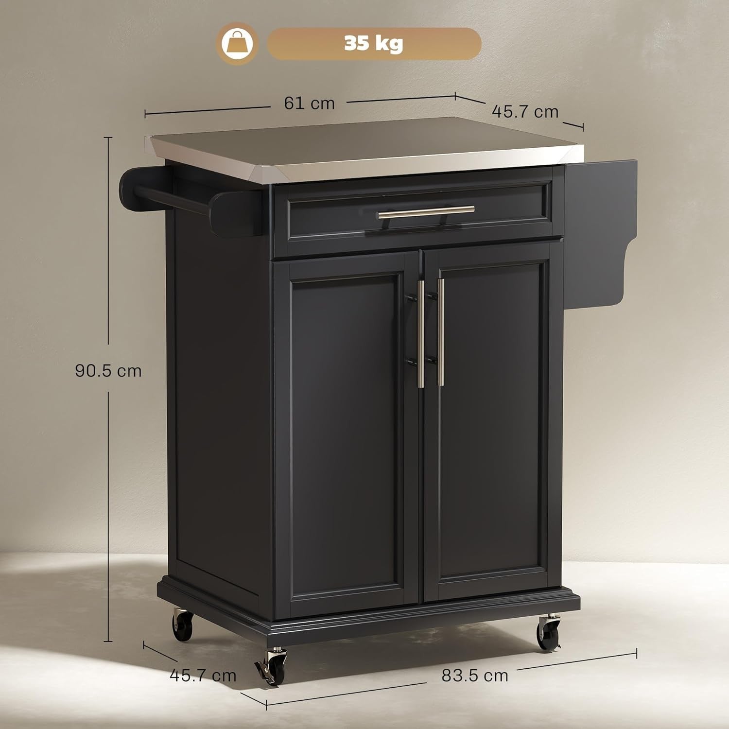 Kitchen Island Trolley on Wheels with Stainless Steel Top Drawer Storage