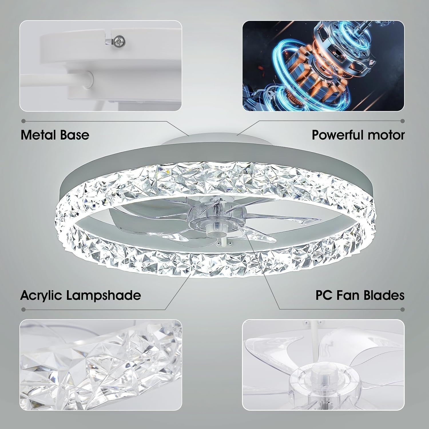 20'' Ceiling Fan Light, Remote & App Control, 6 Speeds, Dimmable, CCT Change