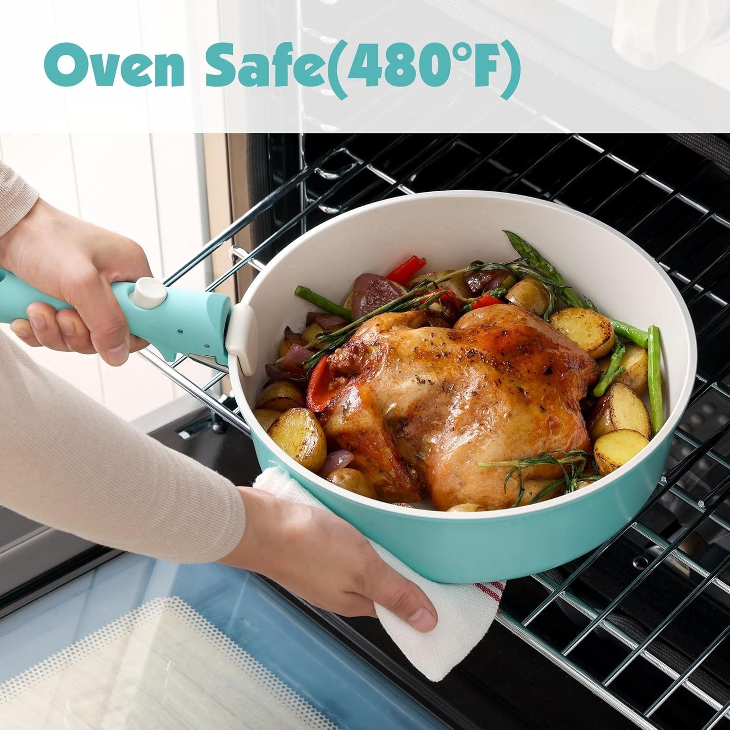 17pcs Turquoise Non Stick Cookware Set Detachable Handle Induction Oven Safe