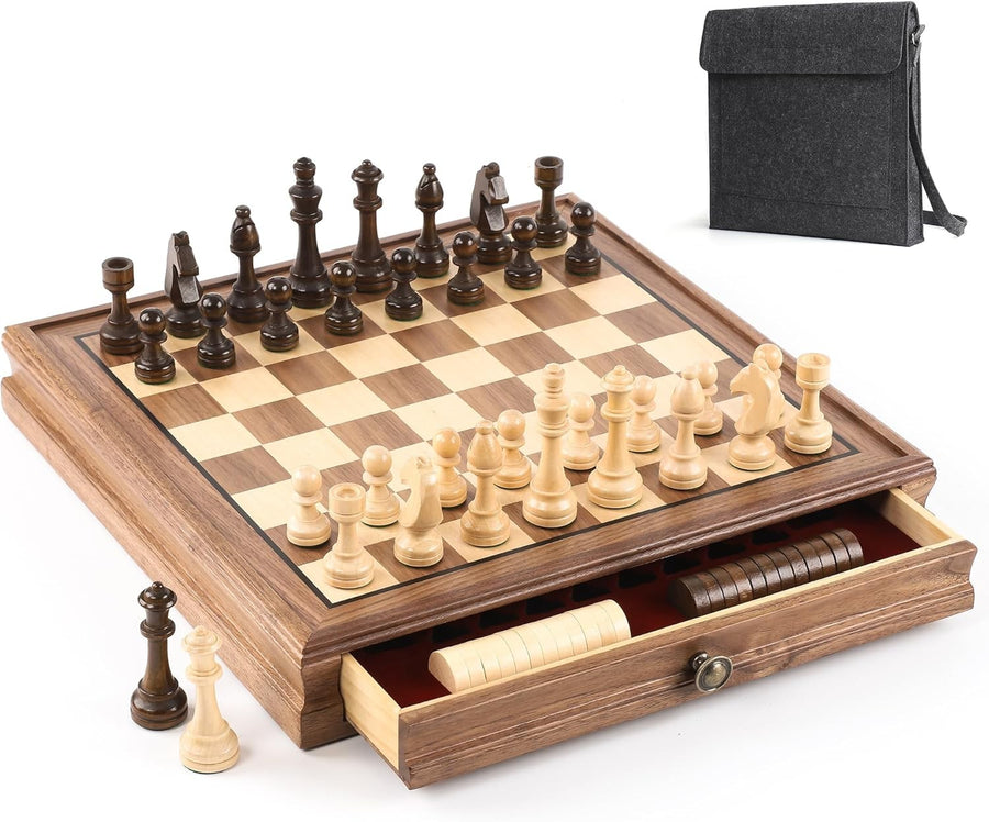 Premium Walnut Magnetic Chess Set 13” With Drawer, Staunton Pieces, 2-in-1 Board