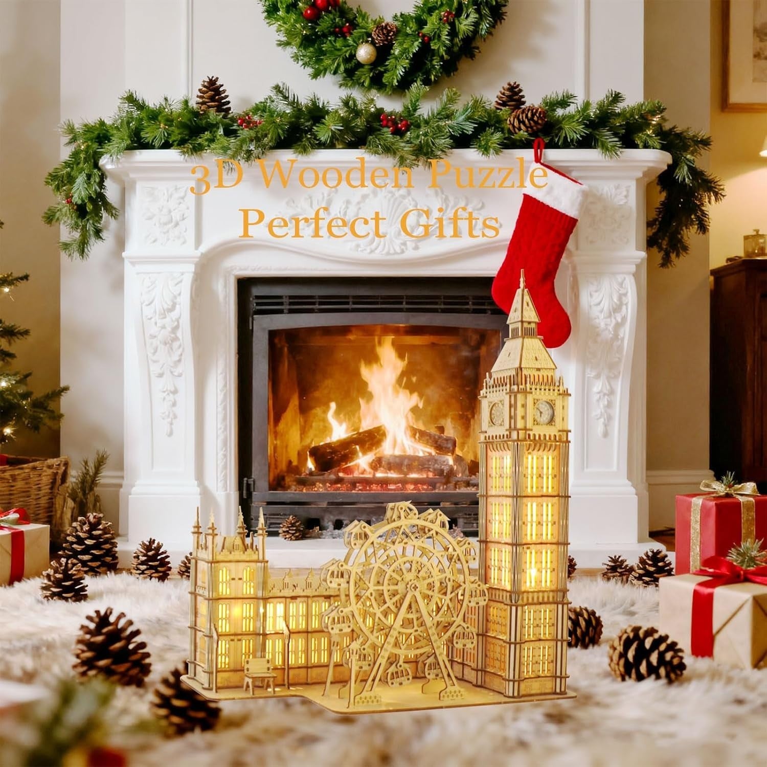 3D Wooden Big Ben Puzzle Clock Model with LED Light & Ferris Wheel
