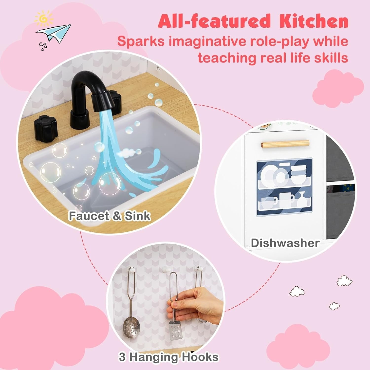 Wooden Kids Play Kitchen White Toy Set Sink Dishwasher Storage Stove