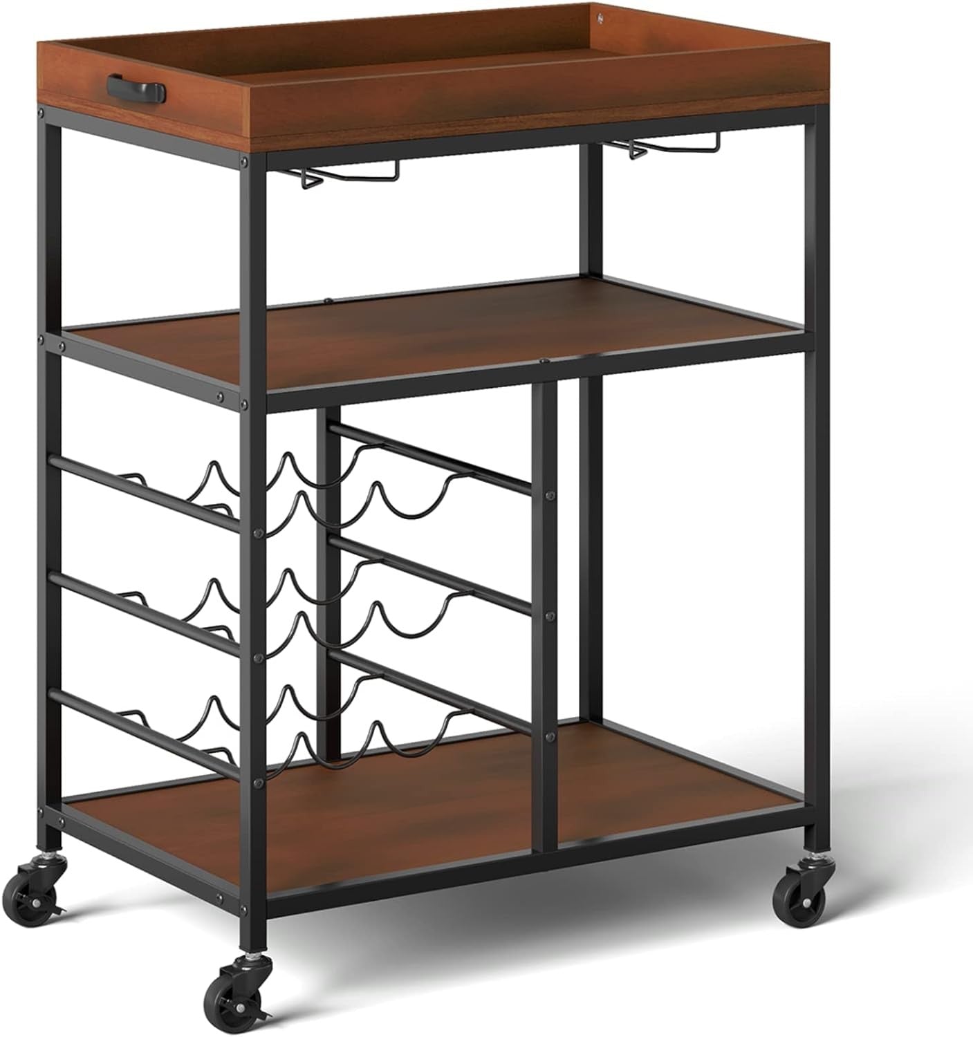 3 Tier Kitchen Serving Trolley Bar Cart with Wine Rack Glass Holders Wheels