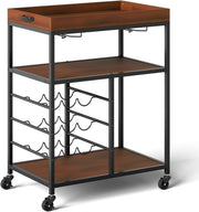 3 Tier Kitchen Serving Trolley Bar Cart with Wine Rack Glass Holders Wheels