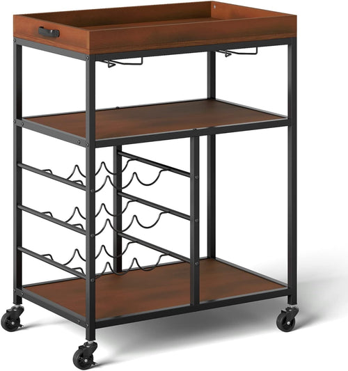 3 Tier Kitchen Serving Trolley Bar Cart with Wine Rack Glass Holders Wheels