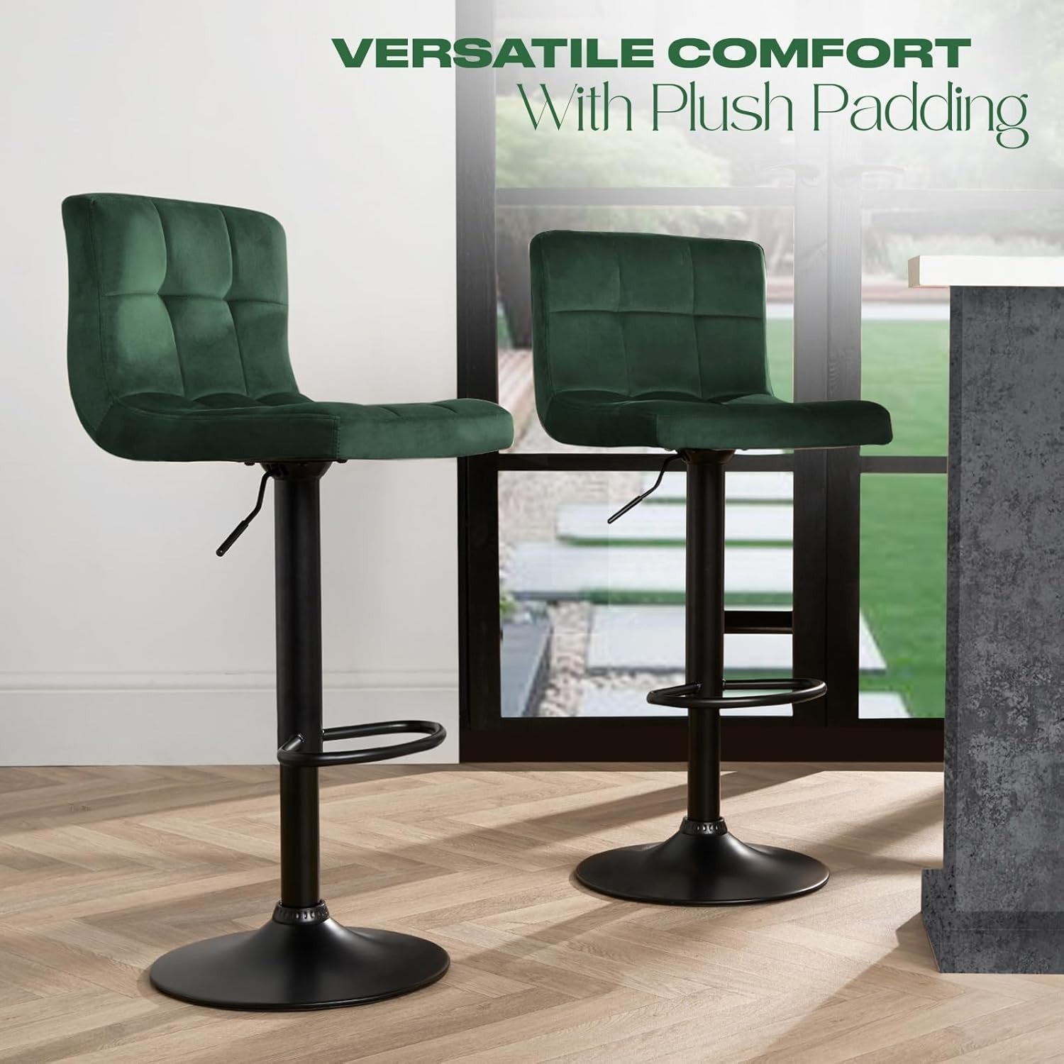 Set of 2 Adjustable Velvet Bar Stools with Swivel & Footrest – Green